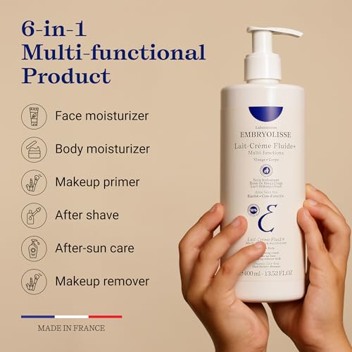 Embryolisse Lait-Crème Fluid+ Face & Body Cream, Multi-Use Lightweight Moisturizer with Shea Butter & Aloe Vera. Fast Absorbing, For All Skin Types 13.52 Fl Oz