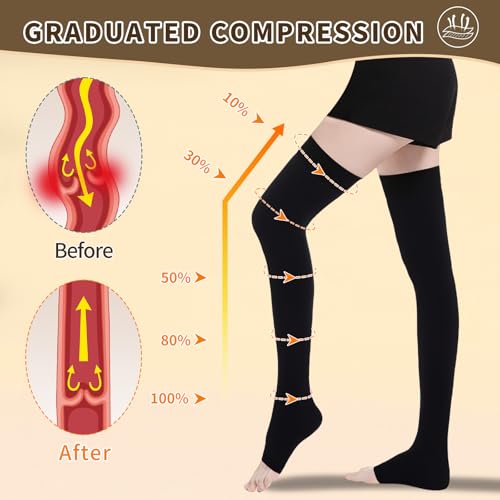 Medical Compression Stockings, 20-30 mmHg Thigh High Support Socks Large Black