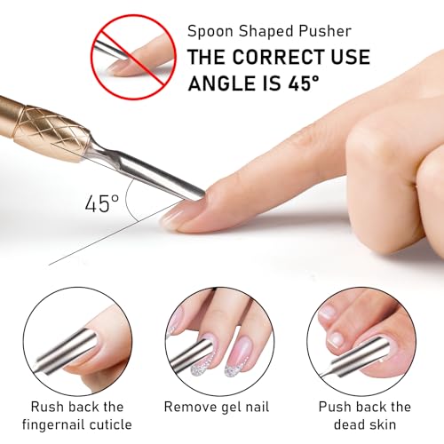 4-in-1 Cuticle Pusher Remover and Cutter, Professional Stainless Steel Pre-treatment Cuticle Pusher, Spoon Shaped Nail Cleaner, Cuticle Pusher with 100#/180# Grit Sandpaper Sheets for Manicure