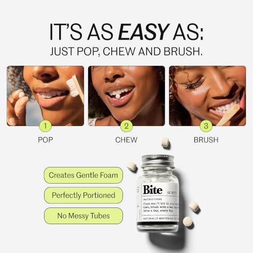 Bite Whitening Toothpaste Tablets – 2 Months – Fluoride Free, Nano Hydroxyapatite + Xylitol, Mint – Vegan, Cruelty-Free, Made in USA, Sensitive Teeth, Travel Size, Adults, Kids, (2 Bottles, 124 Tabs)