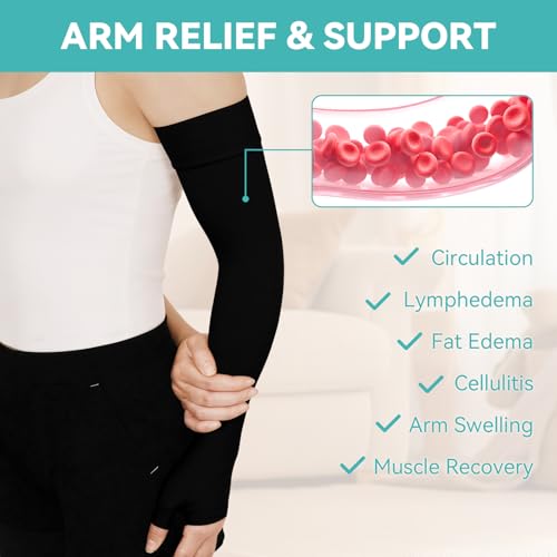 Lymphedema Compression Arm Sleeves for Women Men 20-30 mmHg, Single Medium Black(Single)