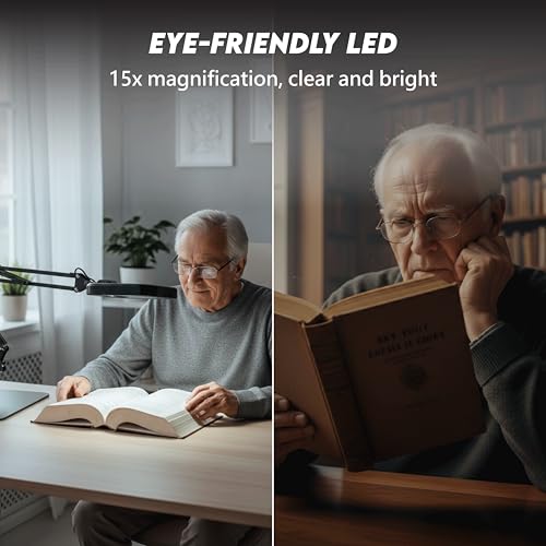 Magnifying Glass with Light and Stand, 15X Hands Free Lighted Magnifying Lamp with 5 Color Modes and Swing Arm, Dimmable LED Desk Magnifier for Crafts, Sewing, Reading, Jewelry, Soldering, Seniors