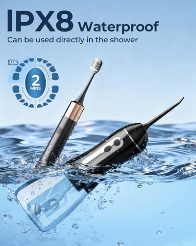 Electric Toothbrush with Water Flosser for Teeth, Sonic Electric Toothbrush and Electric Floss for Adults and Kids, Water Dental Picks, Cleaning and Flossing Dental Care, Waterproof Blacks