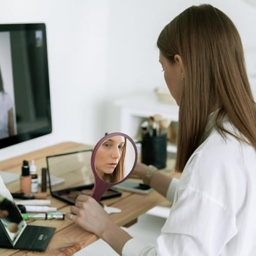 balacoo Wooden Handle Makeup Mirror Handheld Round Cosmetic Mirror Lightweight High Definition Reflection for Travel and Home Use