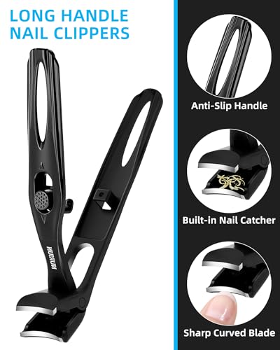 Long Handled Toenail Clippers for Seniors Thick Toenails, Angled Head Large Nail Clippers for Men, Heavy Duty Professional Toe Nail Clippers for Thick Nails 3PCS Toenail Clippers Set