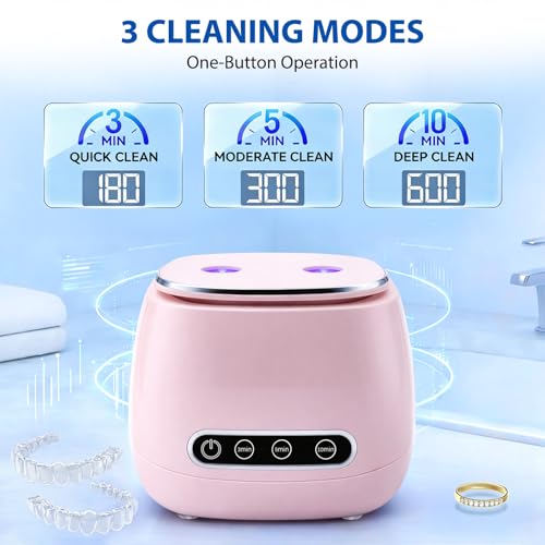 Dental Ultrasonic Retainer Cleaner Machine - 52kHz Dental Appliance Cleaner for Retainers, Dentures, Aligners, Mouth Guards, Toothbrushes & Jewelry, 200ML Pink, Quiet & Portable
