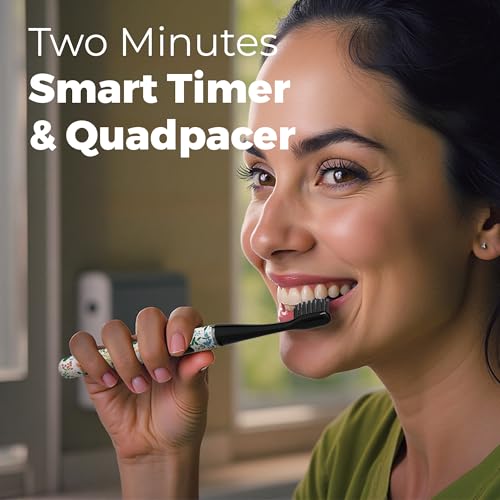MIPOW Brush GO SlimPro i4 Electric Toothbrush Rechargeable Smart Ultra Sonic 3 Modes, Travel Case & Ceramic Dock, 60Day Battery Soft Bristles 2 Heads IPX7 Waterproof, Color-FloraBloom Edition
