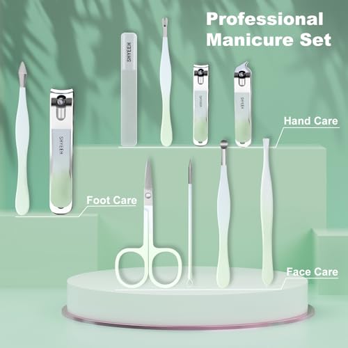 Manicure Set, 10 pcs High-Carbon Steel Nail Clippers Set, Portable Mini Manicure and Pedicure Kit, Travel Grooming Nail Kit with Leather Bag for Men and Women Green