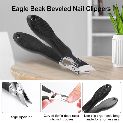 Eagle Beak Nail Clippers for Ingrown & Thick Nails – Beveled/Slanted/Angled Blades, Long Handle Wide Jaw, Anti-Splash Ultra Sharp Stainless Steel Edge 3-Piece Set for Men/Women (Black) Black