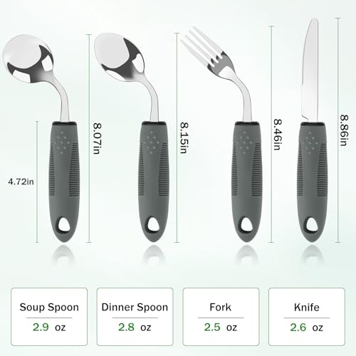 KintKita Adaptive Utensils for Elderly 4 Piece, 2.9 oz Weighted Silverware for Hand Tremors, 45°Angled Parkinsons Utensils for Elderly, Arthritis, Weak Hand Grip, Right-Handed Use
