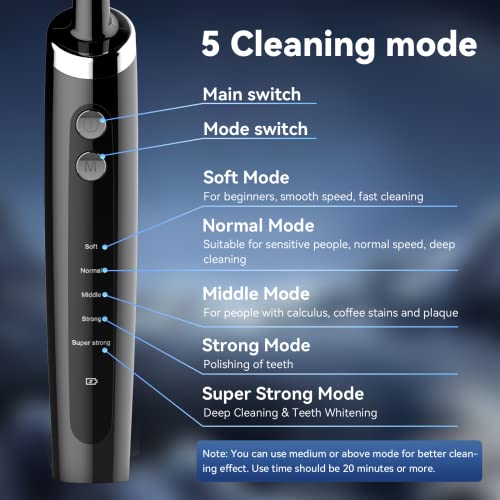 Tooth Polisher Rechargeable,Tooth Buffer Polisher with 5 Replacement Heads & Cleaning Modes, USB Rechargeable, Ipx6 Waterproof, Teeth Black Stain Remover for Adults & Kids Black