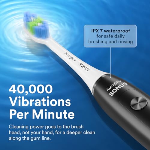 AURAGLOW Electric Toothbrush for Adults, Strong Sonic Toothbrush, 40,000 VPM, Rechargeable, 5 Modes, Removes 10x More Plaque, IPX7, 30-Day Battery, 2 Brush Heads & Travel Case Black