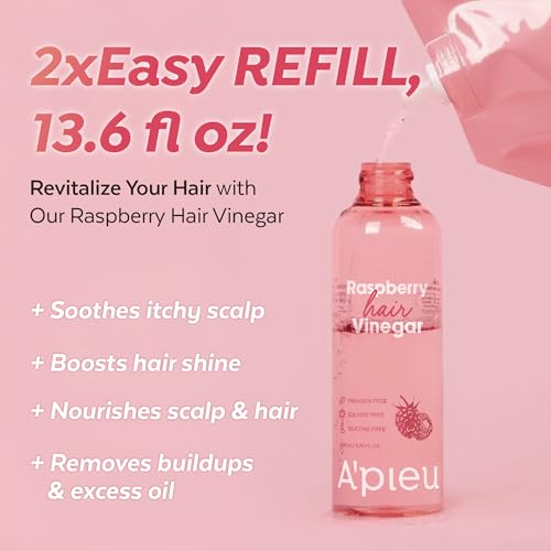 A'PIEU Raspberry Hair Vinegar Rinse [Refill], Dandruff, Buildup & Excess Oil, Smooth & Shiny Hair, Itchy Scalp Relief, pH Balancing, Fresh Raspberry Scent, Korean Haircare, 6.76 fl oz Raspberry Rinse Refill (13.6 fl oz)