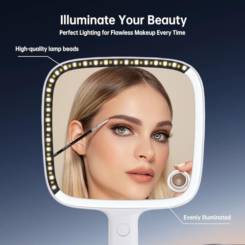 Hand Mirror with 3 Light Color, 6.2'' X 5.9'' Lighted Handheld Mirror White