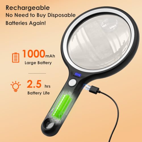 3X 5X 10X Rechargeable Magnifying Glass with Light Large for Reading