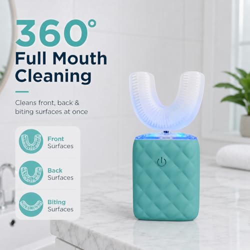 U Shaped Electric Toothbrush for Adults - Ultrasonic Automatic 360° Mouth Cleaning Toothbrush, Hands-Free Full Mouth Sonic Toothbrush with 5 Modes, IPX7 Waterproof Rechargeable (Turquoise)