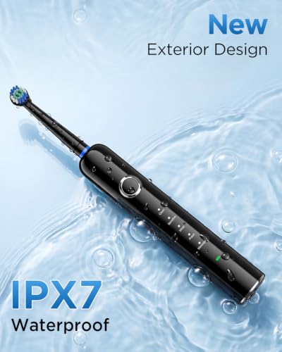Rtauys Rotating Electric Toothbrush for Adults with 8 Brush Heads (2 Types), 5 Modes Rechargeable Power Toothbrush with Travel Case and 2 Minute Smrte Timer Black