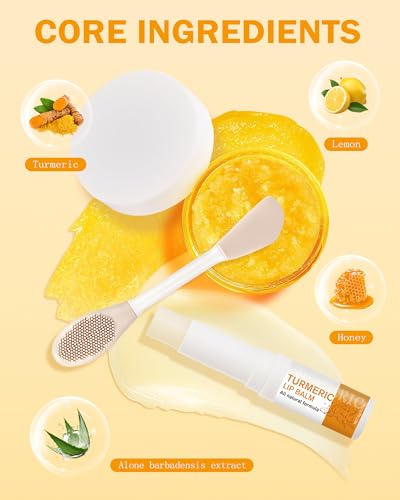 3Pcs Turmeric Lemon Lip Scrub and Turmeric Lip Balm Hydrating & Nourishing Lip Care kit, Exfoliating Lip Scrub with Aloe Vera For Dark Lips,Long-Lasting Natural Balm Moisturizer for Dry, Cracked Lips Set A