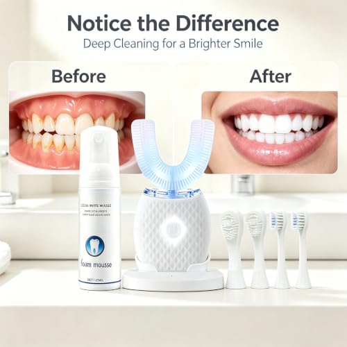 U-Shaped Electric Toothbrush for Adults, 360° Hands-Free Sonic Teeth Cleaner Kit with 4 Brush Heads, 60ml Foam Mousse, LED Light & Wireless Charging Base, Automatic Ultrasonic Toothbrush, White