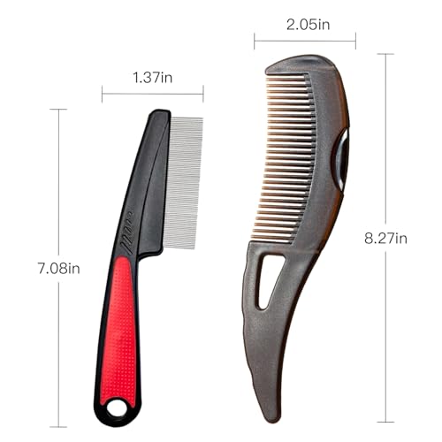 Dandruff Comb and Fine Tooth Lice/Psoriasis Comb Stainless Steel for Scalp Detox/Exfoliate for Women, Men & Kids, Flakes/Build Up Removal Shower Brush Tool for Hair Care/Growth, Set of Two (Red) Red