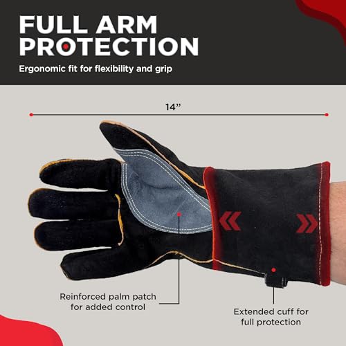The Bincho Grill Fire Heat Resistant Gloves – 14 Inch 932°F Fireproof Leather Fireplace & BBQ Gloves for Grill, Oven, Wood Stove, Campfire, Welding (MIG/TIG) - Heavy-Duty