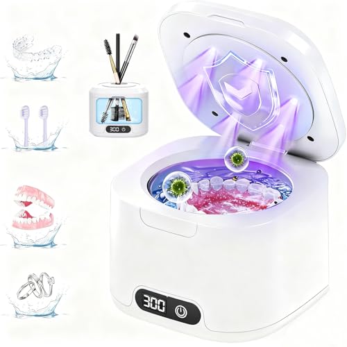 Ultrasonic Retainer Cleaner Machine - Denture cup Bath,49kHz 4 Modes Dental Cleaner With Digital 340ML capacity Applicable to Mouth Guard，Dentures braces & Toothbrush head and makeup brush (white） White-1