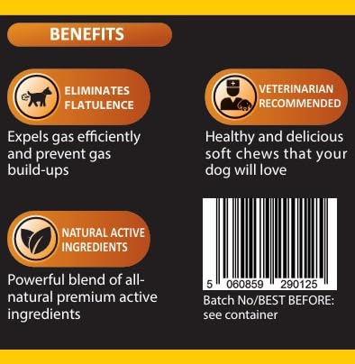 dog flatulence treatment - 60 natural dog flatulence chews recommended by vet (Bacon flavour) Bacon flavour
