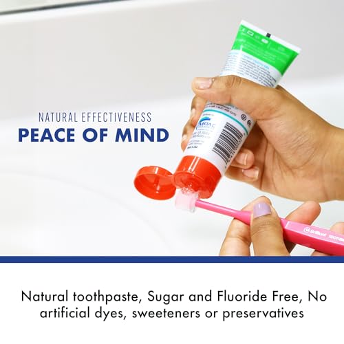 Brilliant Oral Care Bundle; Pack of 3 Baby Toothbrush with Soft Bristles and Round Head - Pink Mint Yellow & Pack of 1 Kids Fluoride Free Toothpaste, Spry Gel with Xylitol, Strawberry Banana Flavor
