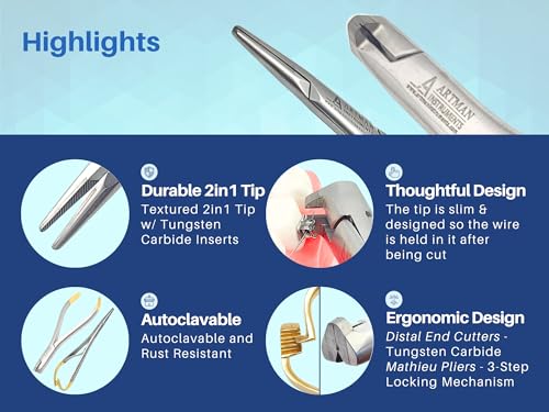 Bundle of Distal End Cutter 5.3" Gold Plated Handle w/Tungsten Carbide Inserts & Mathieu Pliers 5.5" Gold Plated Handle w/Tungsten Carbide Inserts Orthodontics Stainless Steel by Artman Instruments