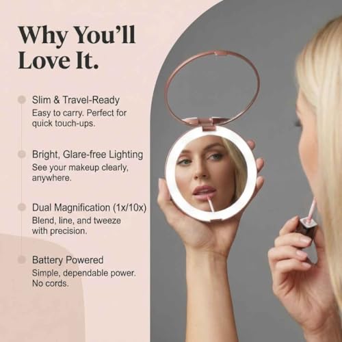 Fancii LED Lighted Travel Makeup Mirror, 1x/10x Magnification - Daylight LED, Compact, Portable, Large 5" Wide Illuminated Folding Mirror - Lumi (Rose Gold) Rose Gold