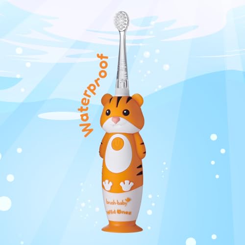 BrushBaby - WildOnes - Kids Rechargeable Electric Toothbrush, Ages 0-10 - Tiger Design with Flashing Lights - DeepClean Bristles for Superior Cleaning - 2 Replacement Brush Heads, 1 USB Cable