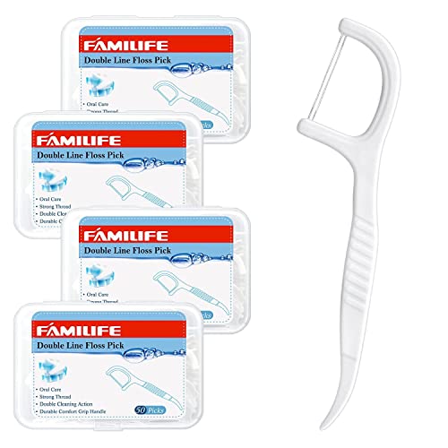 FAMILIFE Kid's Dental Floss Picks Without Fluoride,4 Travel Handy Cases Unflavored Flosser 120 Picks and Double Line Flossers 200 Count, Unwaxed Flossing
