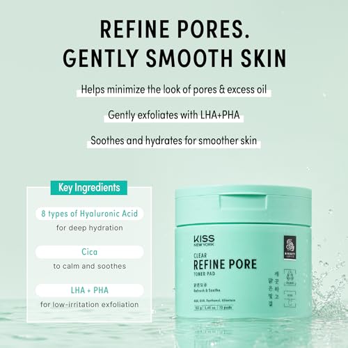 KISS NEW YORK Clear Refine Pore Toner Pads, Dual-Textured Facial Pore Pad Gently Exfoliates & Deeply Hydrates with AHA BHA Panthenol & Allantoin, Korean Skincare Soothes Sensitive Skin, 70 Count
