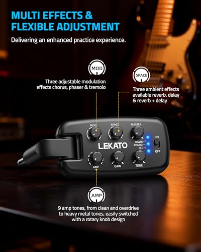 LEKATO PA-2 Guitar Headphone Amp for Electric Guitar Headphone Amplifier for Portable Practice, 9 Amp Models, 3 Mod Effects, 3 Space Effects, with Bluetooth Receiver, USB OTG Recording Black-us US Version