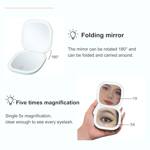 Makeup Mirror with Lights - Dual-Sided Green LED Pocket Mirror, 1X/5X Magnifying Travel Mirror, 3 Light Modes, Rechargeable Handheld Mirror for On-The-Go Makeup, Grooming, and Gifts