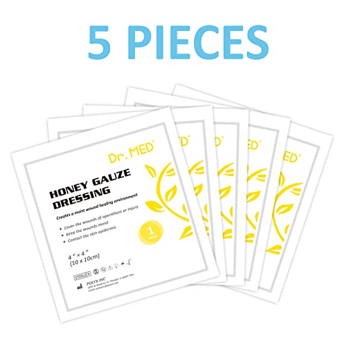 Dr. Med Manuka Honey Gauze Dressing 4" x 4", (5 PCS/Box) Honey Medical Bandage Wound Care Patch for Minor Abrasions, Cuts, Lacerations, Scald and Burns for Wound Healing, Chemical and Drug Free Manuka Honey Gauze 4" x 4" - 5 Pcs/Box
