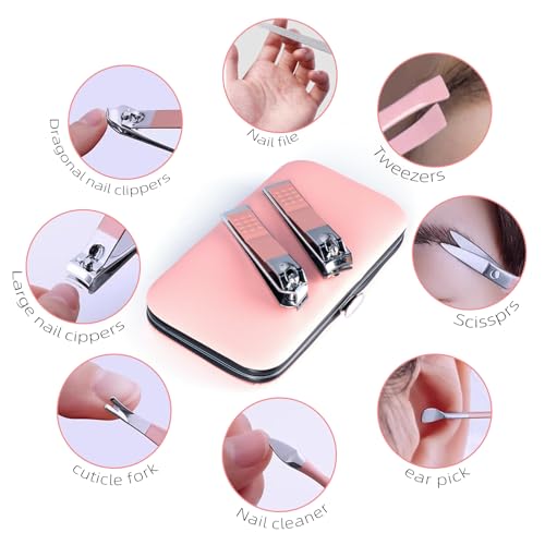 Manicure Set 8 in 1 Nail Clipper Set,RedFlow Nail Clippers,Fingernail & Toenail Clippers,Manicure Tools,Pedicure Tools,Suitable for Travel Manicure Kit,Nail Set Kit with Everything Profe (Pink) Pink