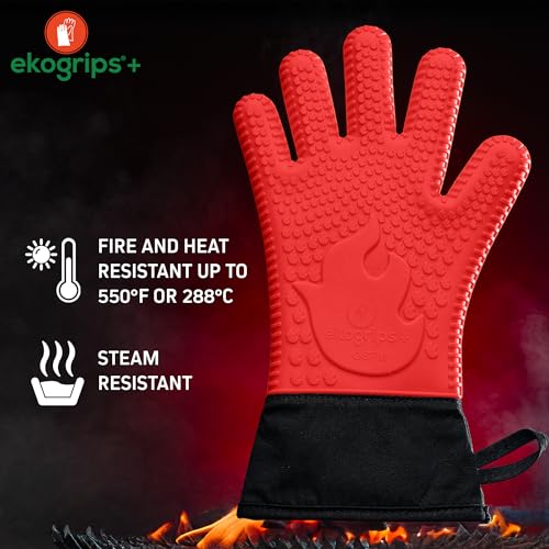Ekogrips Plus Oven Gloves with Fingers, Comfy Waterproof Silicone Oven Mitts Heat Resistant with Long Cuff, Insulated BBQ Gloves Perfect for Grilling, Baking, Smoker, Canning, Pizza, Red, Hot Mitts OSFM