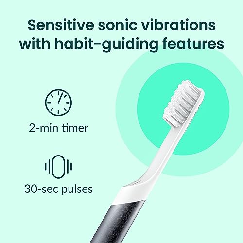 Quip Sonic Toothbrush for Adults with Timer - Includes Extra Brush Head and Travel Cover Mount - Electric, Soft Bristle Refill Head, Metal Handle, 3 Month Battery Life - Travel Toothbrush - Slate