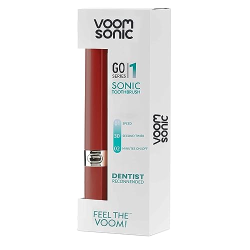 Voom Sonic Go 1 Series Travel Electric Toothbrush + 4PK Brush Heads, Travel Toothbrushes - Battery Operated Toothbrush for Adults & Kids, Portable with 2 Minute Timer (Metallic Red)