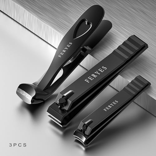 FERYES 3PCS Nail Clippers Set – Long Handled Angled Toenail Clipper for Thick Nails for Seniors, Straight Blade Toe Nail Clippers for Tough Nails, and Curved Blade Fingernail Clippers for Men & Women