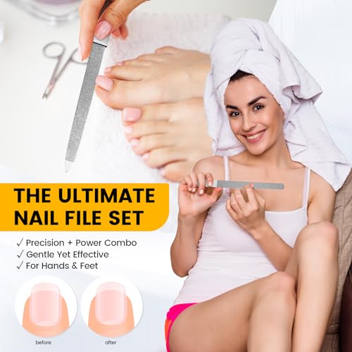 BEZOX Metal Nail File Kit - 2PCS Professional Stainless Steel Long Nail Files & Buffers for Natural/Acrylic Nails, Professional Fingernail Files and Buffers for Salon & Home Use - Silver