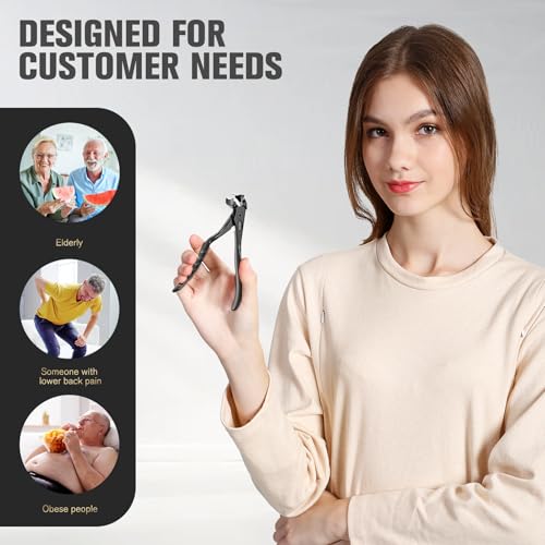 FERYES Ergonomic Non-Slip Long Handle Nail Clippers for Seniors, Unique Angled Head Curve Wide Jaw Opening Toenail Clipper with Catcher for Thick Toenails and Fingernails Black (Large)
