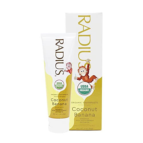 RADIUS USDA Organic Kids Toothpaste 3oz Non Toxic Chemical-Free Gluten-Free Designed to Improve Gum Health for Children's 6 Months and Up - Coconut Banana - Pack of 3 3 Ounce (Pack of 3)