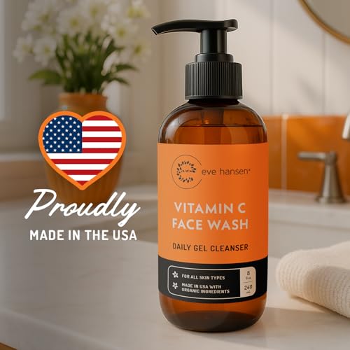 Eve Hansen Vitamin C Cleanser Face Wash - HUGE 8 oz Gentle Facial Cleansing Gel for Uneven Skin Tone, Age Spots and Fine Lines - Natural Face Soap with Aloe Vera, Green Tea, Ginseng 8 Fl Oz (Pack of 1)