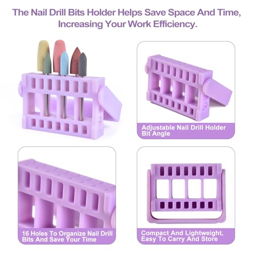 8Pcs Silicone Rubber Nail Drill Bit with 16 Holes Bits Holder Set 3/32'' Nail Art Silicone Polishing Drill Bits for Manicure Pedicure, Gel Grinding and Polishing Tools Purple Set