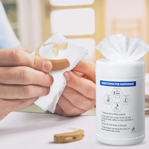 Threlaco 4 Pack Hearing Aid Wipes 640 Counts Large Canister Cleaning Towelettes 160 Per Canister for Hearing Aids Cleaner Wipes for Earwax Earbuds Sweat Earplugs Amplifier Removal
