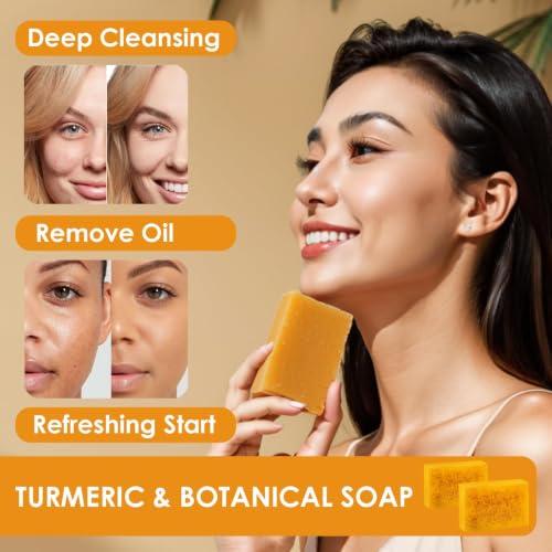 Turmeric Wash and Care Kit – Turmeric Face Wash with Brush, Exfoliating Facial Pads, Turmeric Oil and Cleansing Soap Bars– Jabon de Curcuma, Natural Skincare for Face & Body (4PC Set, Count, 4) 4PC Set (Turmeric) 5