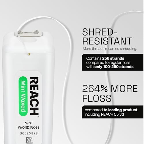 REACH Waxed Dental Floss, Mint, Plaque Remover for Teeth, Shred Resistant, Floss Slides Smoothly, Easy to Use, Waxed, Deep Cleaning Teeth, Oral Care, PFAS Free, for Adults & Kids, 6 Pack, 200 yd 600 Foot (Pack of 6)
