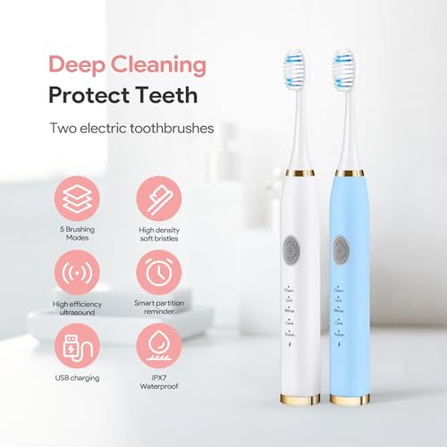 Dnil 2 Pack Electric Toothbrush for Adults and Kids, Travel Toothbrush Includes 10 Replacement Toothbrush Heads, 5 Modes with 2 MIN Smart Timer (Blue White)